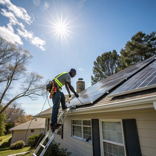 A worker is installing solar panels on a residential rooftop, promoting clean energy.